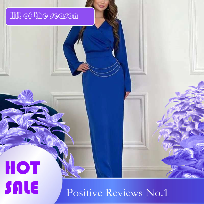 Dongdumaoyi Nieuwe Elegante Vrouwen Effen Kleur Kledingvcollared Metalen Decoratie Lange Mouw Hoge Taille Jurk C