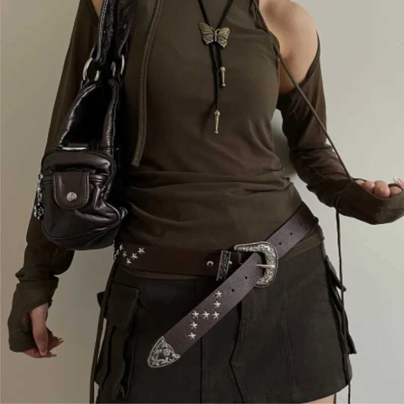 Vintage Star Rivet Belt Y2k Metal Buckle Brand Punk Rock Belt Gothic Pu Belt Womens Jeans Pants Decorative Accessories W250326