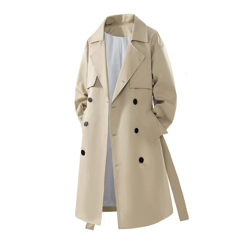 mens double breasted trench coat medium length and loose fit suitable for windproof and windproof spring/autumn casual office fashion jacket 250324