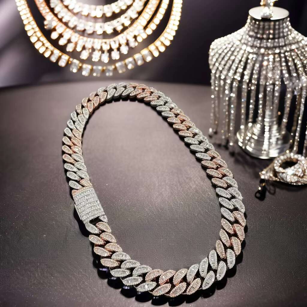 20 MM Iced Out Moissanite Baguette Round Diamond Studded Cuban Link Hip Hop Style Miami Cuban Chain for Men Women Gift Idea