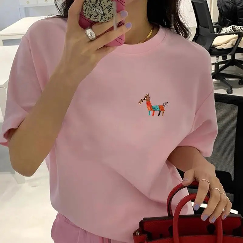 Womens loose casual solid O-neck pure cotton T-shirt summer chic cartoon embroidery short sleeved top 250321