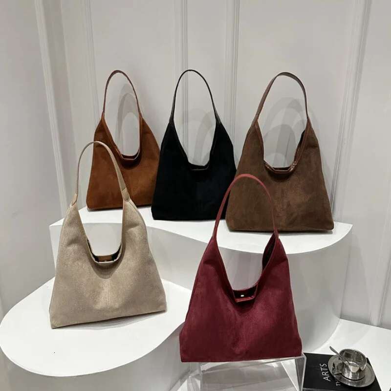 Vintage Faux Suede Tote Bags for Women Large Capacity Shoulder Ladies Underarm Bag Casual Simple Commuter Female Handbags
