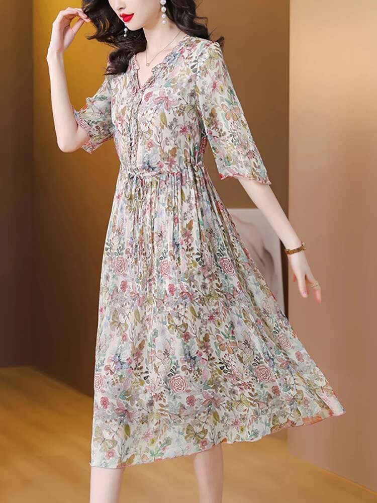 Women ral Chiffon Casual Beach Long Summer Fashion Flare Sleeve Ruffled V-Neck Dress 2024 Korean Elegant Dresses