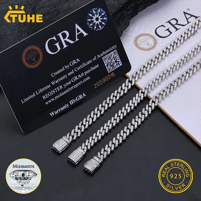 TUHE Unisex VVS1 D Color Moissanite 6mm Cuban Chain Bracelet S925 Silver For Men Hip Hop Jewelry