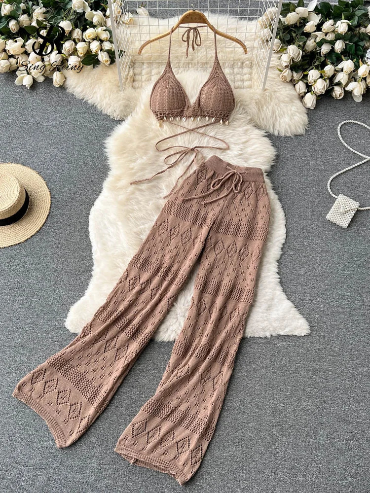 SINGREINY Women Summer Knitted Set Halter Short Tops Hollow Wide Leg Long Pants Sets Shell Beach Sexy Backless Two Piece Suits 250324