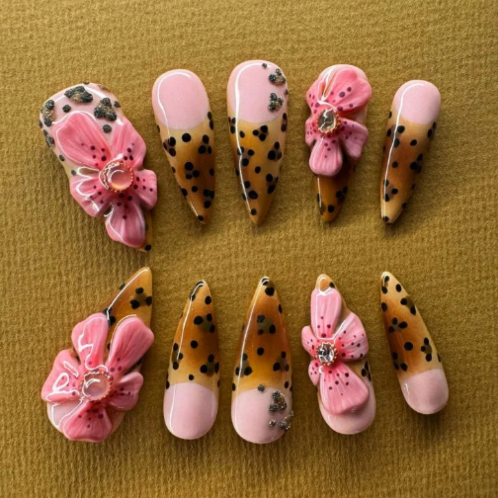 Press on Nails Medium Almond Pattern ABS Nails INS Y2K 3D Pink Flowers Style Nail 10Pcs Manicure Handmade Art with Set 250321