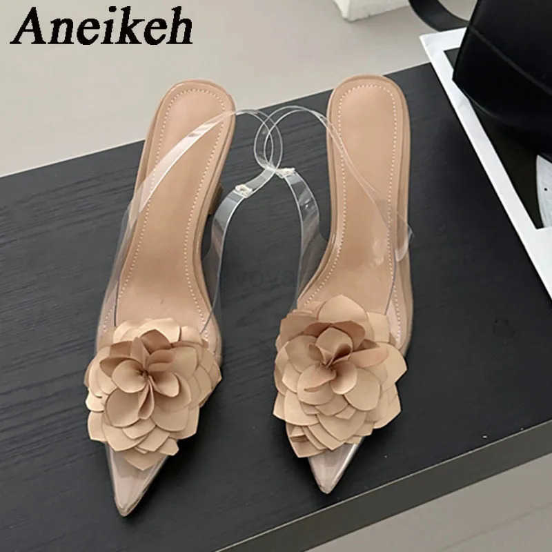 Aneikeh Wens Silk Flower Decorative Single Shoes 2025 Sexy Transparent PVC Pointed Slingbacks High H Par Dress Zapatos Z250326