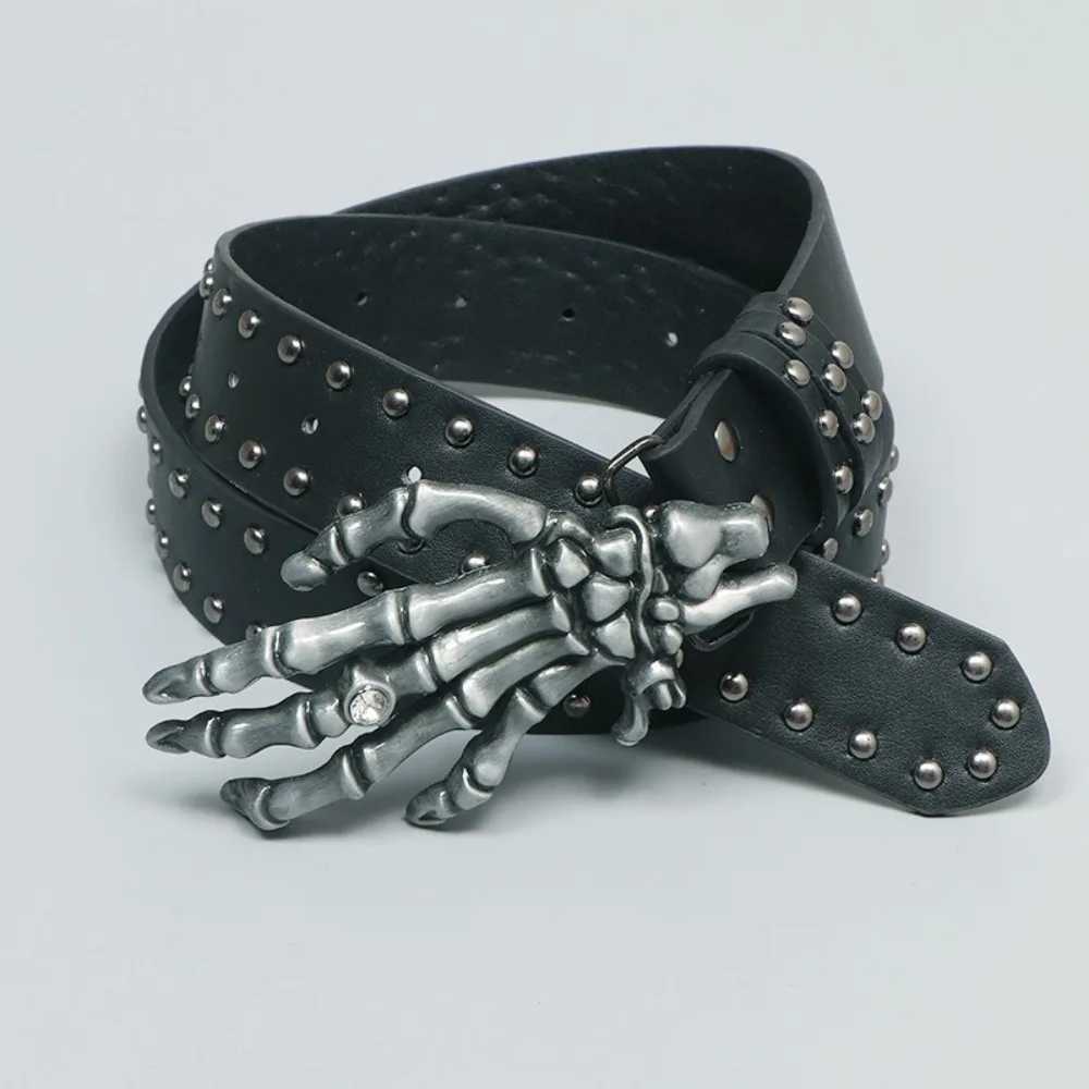 Punk Skull with Harajuku Gothic Leather Y2K Rivet Belt Skeleton Adjustable Hand Decoration Belt Mens and Girls Leather Belt Neutral Style W250326