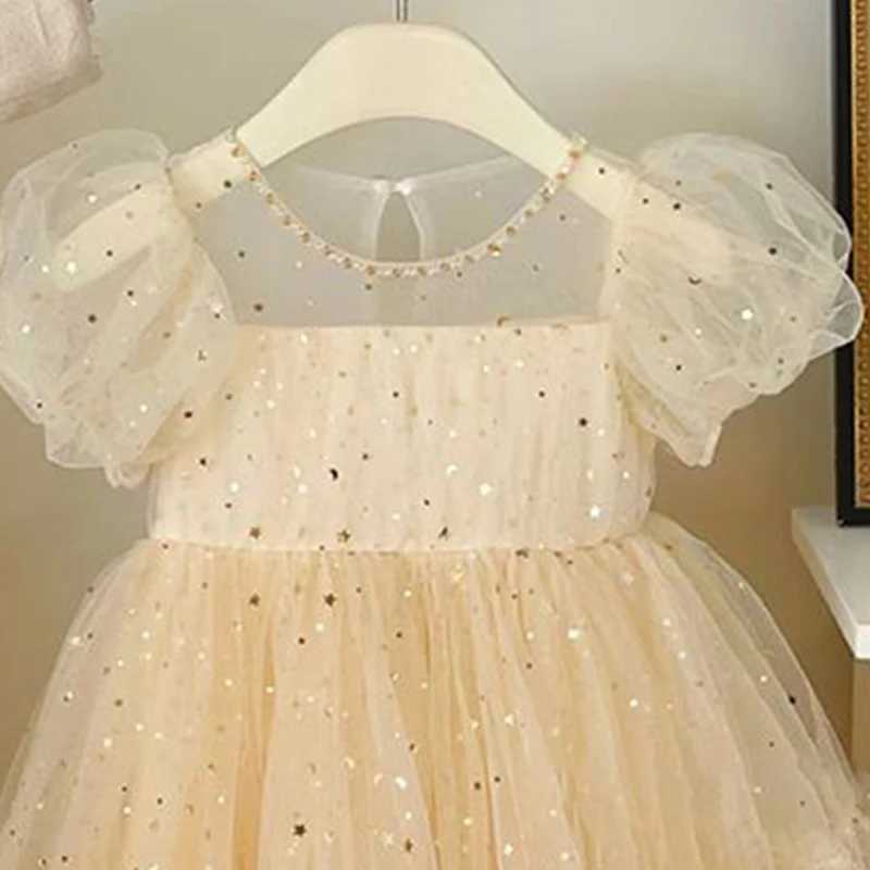 Summer dress for girls elegant dress for girls baby bubble sleeves mesh sequin dress temperature princess Par short sleeved dress W250326