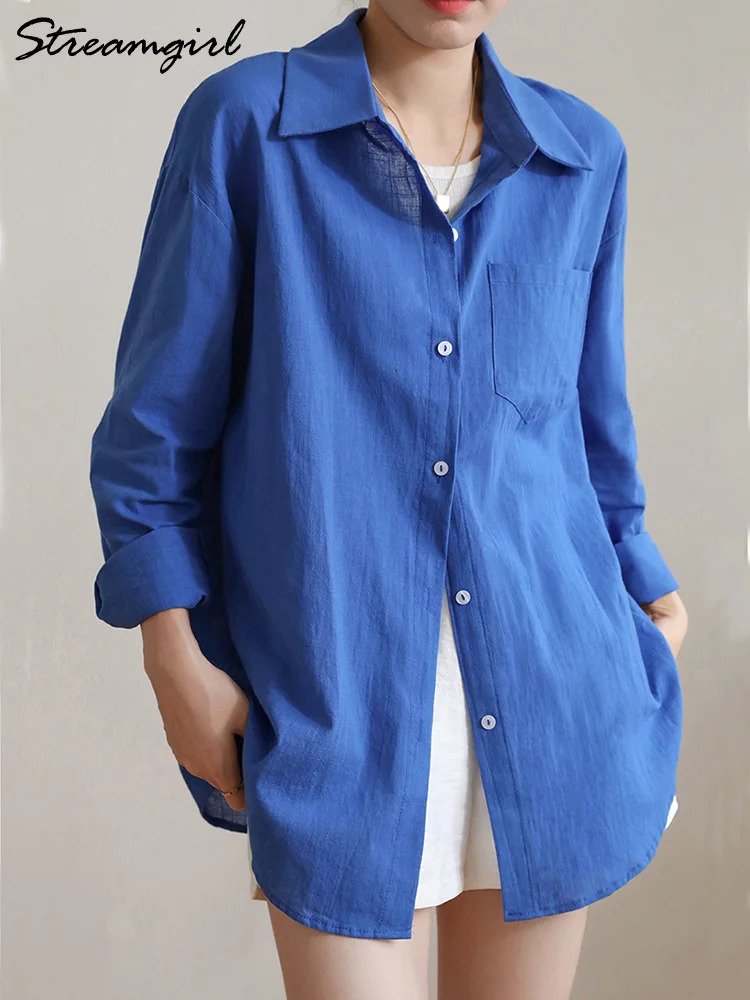 Blue Oversize Women Cotton Linen Shirts And Blouses Long Sleeve Summer Basic White Office Women Shirts Loose Top For Woman Linen 250325