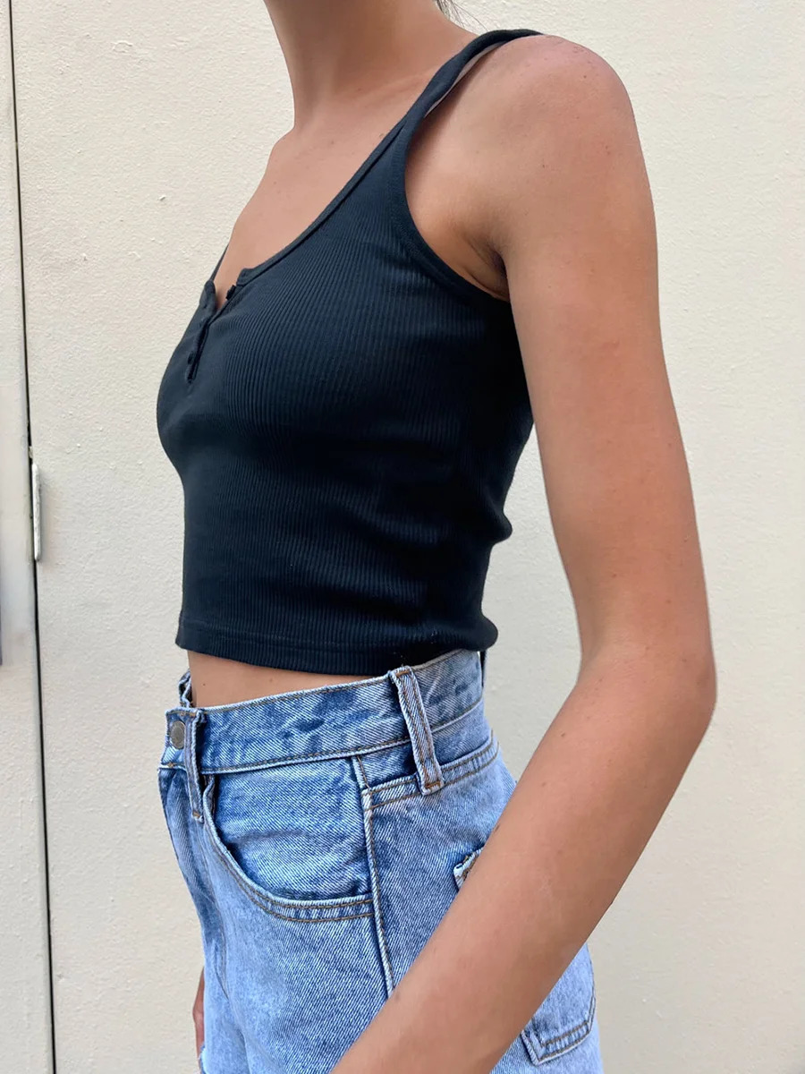 Button fashion slim fit vest for womens summer sweet and cute sleeveless cotton short sleeved top for womens casual streetwear Y2k Harajuku T-shirt 25