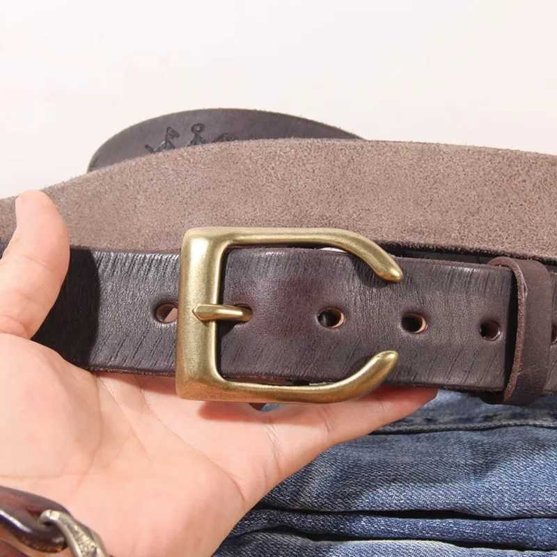 Ultra thick cowhide personalized brass trumpet shaped buckle mens belt retro laser engraving lucky Phaeton symbol denim belt W250326