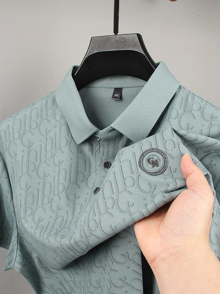 Summer highend ice silk seamless n mens short sleeved highquality lapel polo shirt business casual fashionable printed top 250326