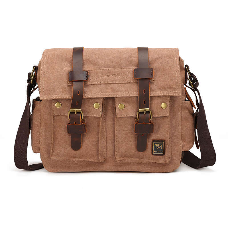 Wind canvas with crazy horse leather men's shoulder bag, unisex versatile casual bag
