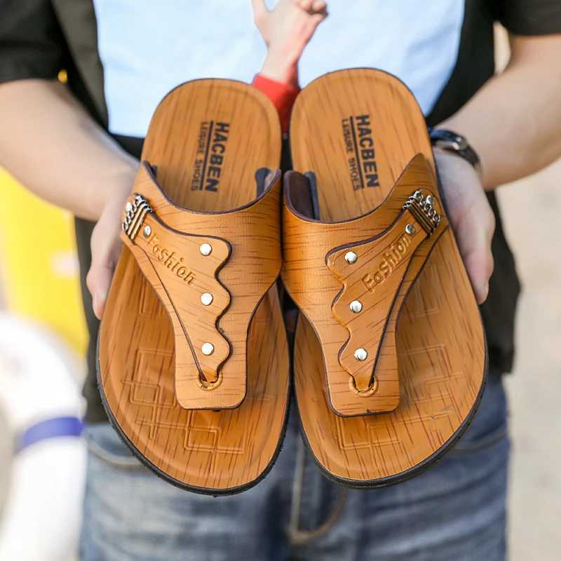 Mens summer flip up beach sandals non slip casual flat shoes mens high-quality slippersXJ250326