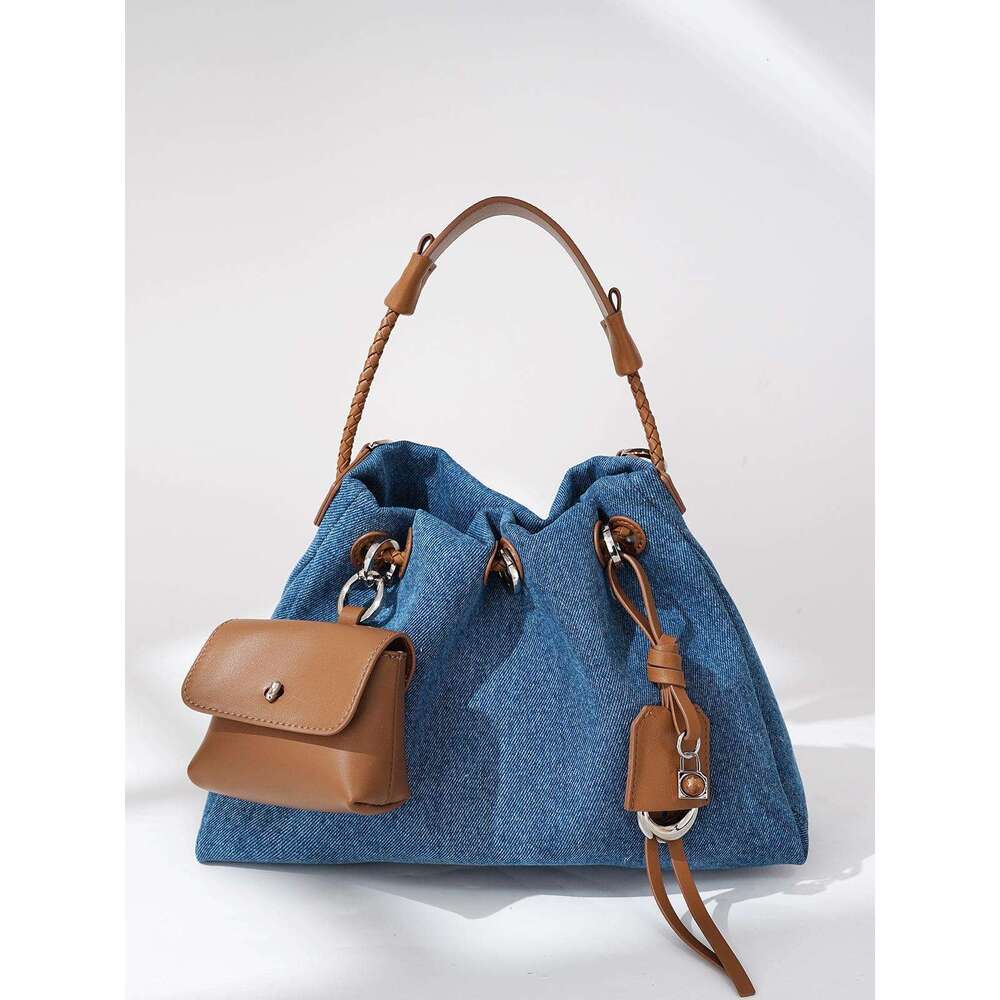 Women's Bags New Niche Design Denim With Genuine Leather Cloud Fashionable And Versatile Bucket Bag, Hand-Held Crossbody Bag For Women