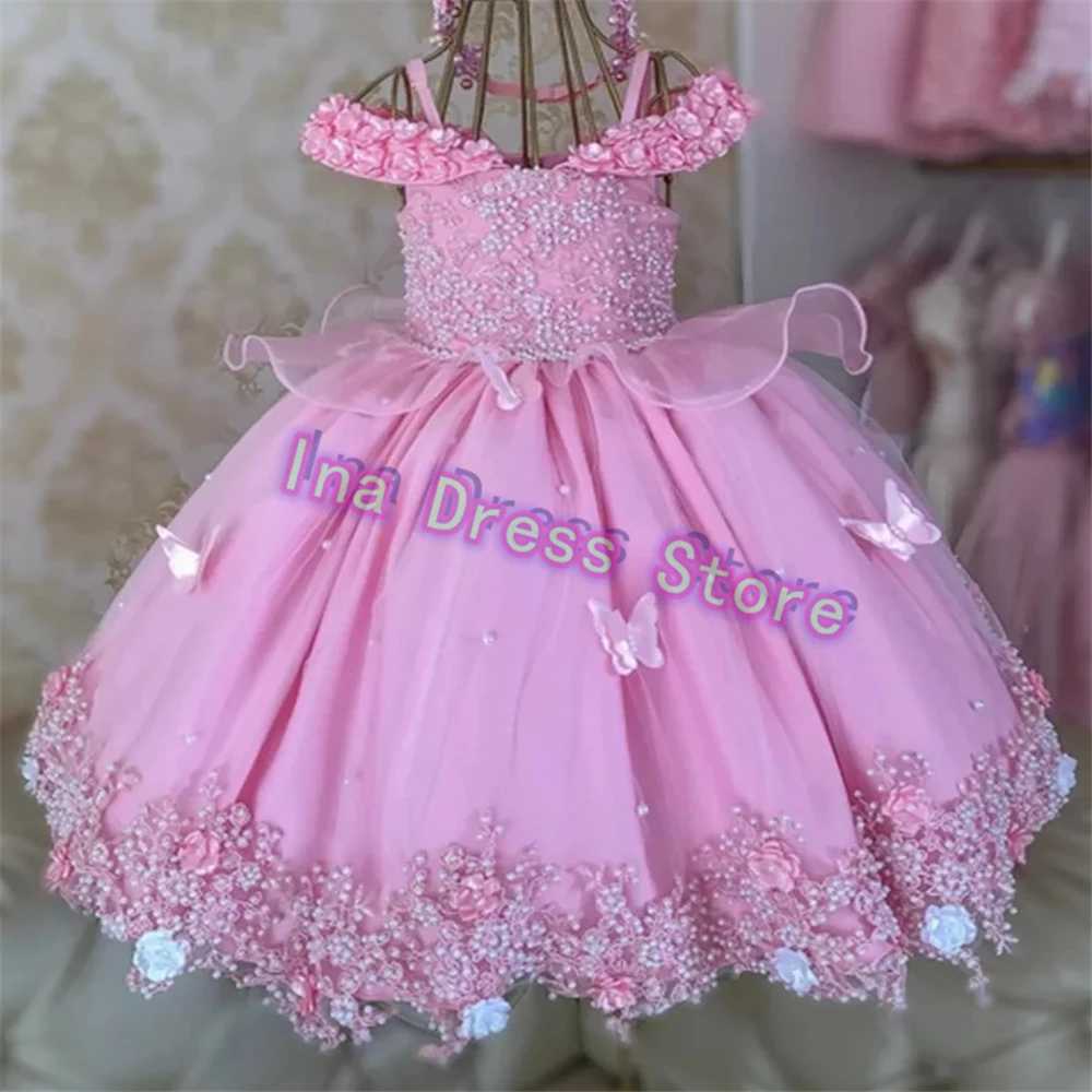 Customized cute baby girl flower girl wedding dress bead wedding butterfly flower childrens birthday party dress W250326