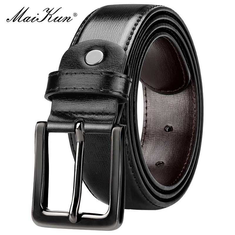 Maikun mens black leather strap suitable for Trousers classic black alloy pin buckle business two-layer leather strap W250326