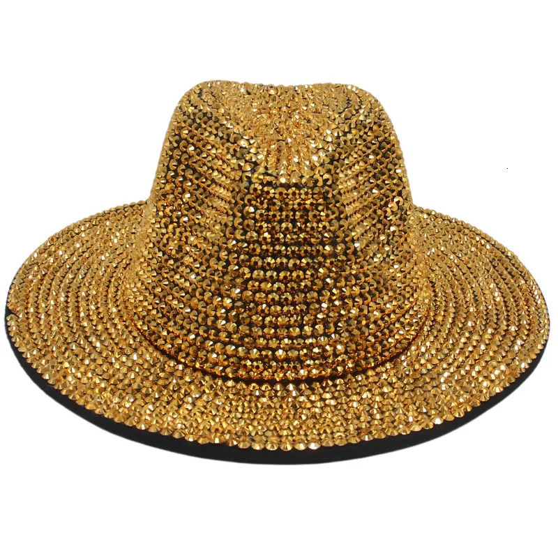 Rhinestone Jazz Fedora Hats Wide Brim Cowboy Hat for Women Men Stage Performance Shiny Handmade Diamond Retro Felt Top Hat 250325