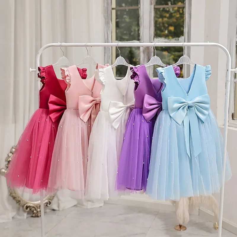 Summer girl flower birthday chiffon dress without back bow wedding dress childrens Par dress princess pink dress baby girl bow dress W250326