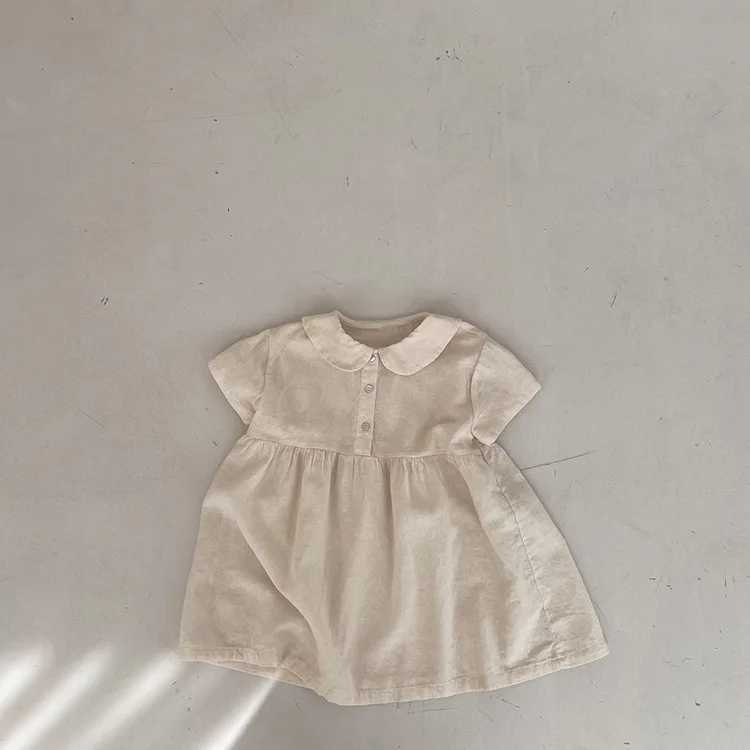 2025 Summer New Girls Long Sleeve Collar Dress Childrens Cotton Linen Casual Dress Fashion Girl Princess Dress Childrens Clothing W250326