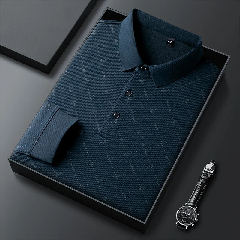 mens business casual long sleeved shirt with badge solid color polo fashionable breathable and comfortable lapel top 250326