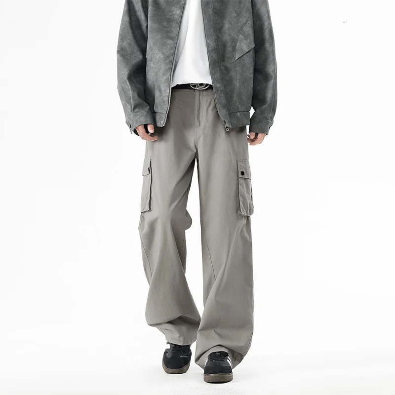 Men's Cotton Cargo Pants High Street Comfortable Loose Fit Wide Leg Pants Side Pockets Drawstring Waist Trousers Man Workwear 250321