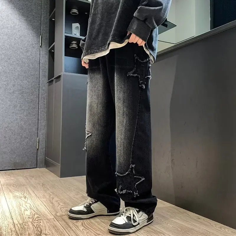 Stars Patchwork Mens Jeans Fashion Y2K Tassel Pants Korean Clothing Straight Hip Hop Splicing Street 250326