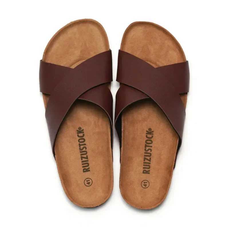 New mens beach cork slider summer womens solid color N-Slip outdoor PU leather slider shoes casual flip sliderXJ250326