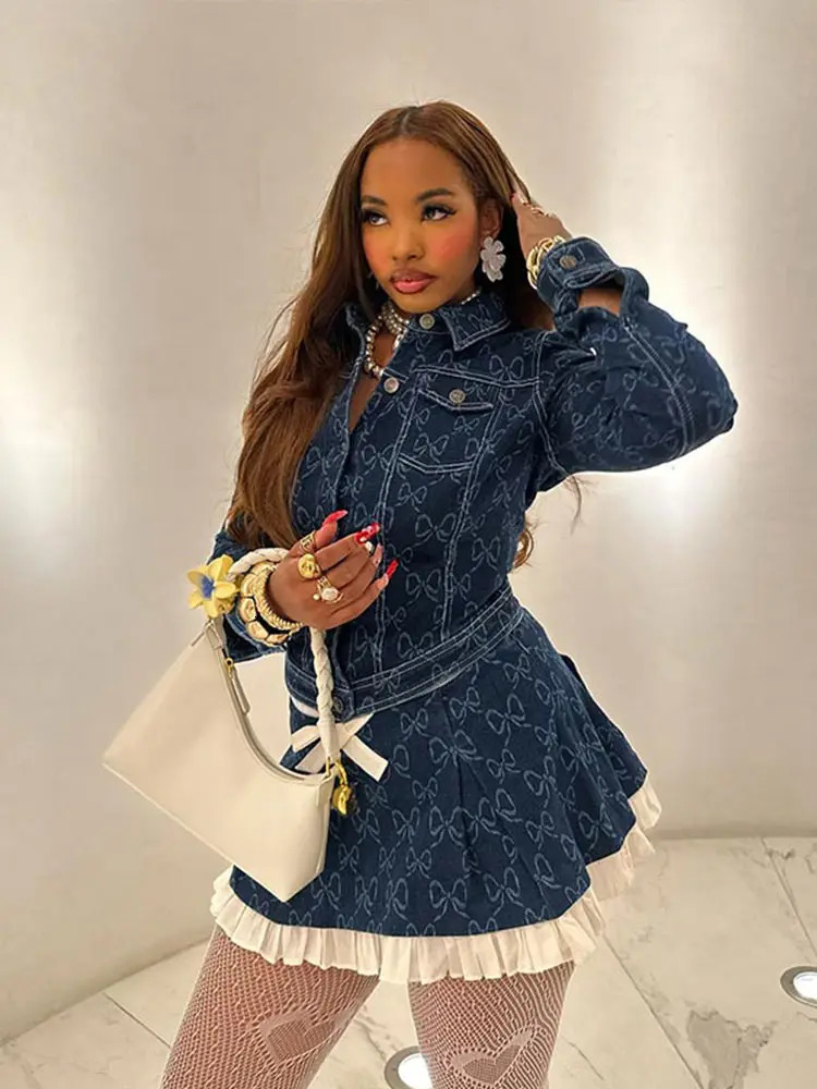 Fashion Denim Jacket Womens 2-Piece Set Lapel Bow Printed Long Sleeve Tops Jeans Patchwork Ruffle Hem Mini Skirts Lady Outfits 250321