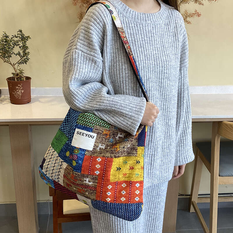 Du Home Non fading Spring/Summer Ethnic Style Patchwork Single Shoulder Large Capacity Crossbody Denim Double sided Bag