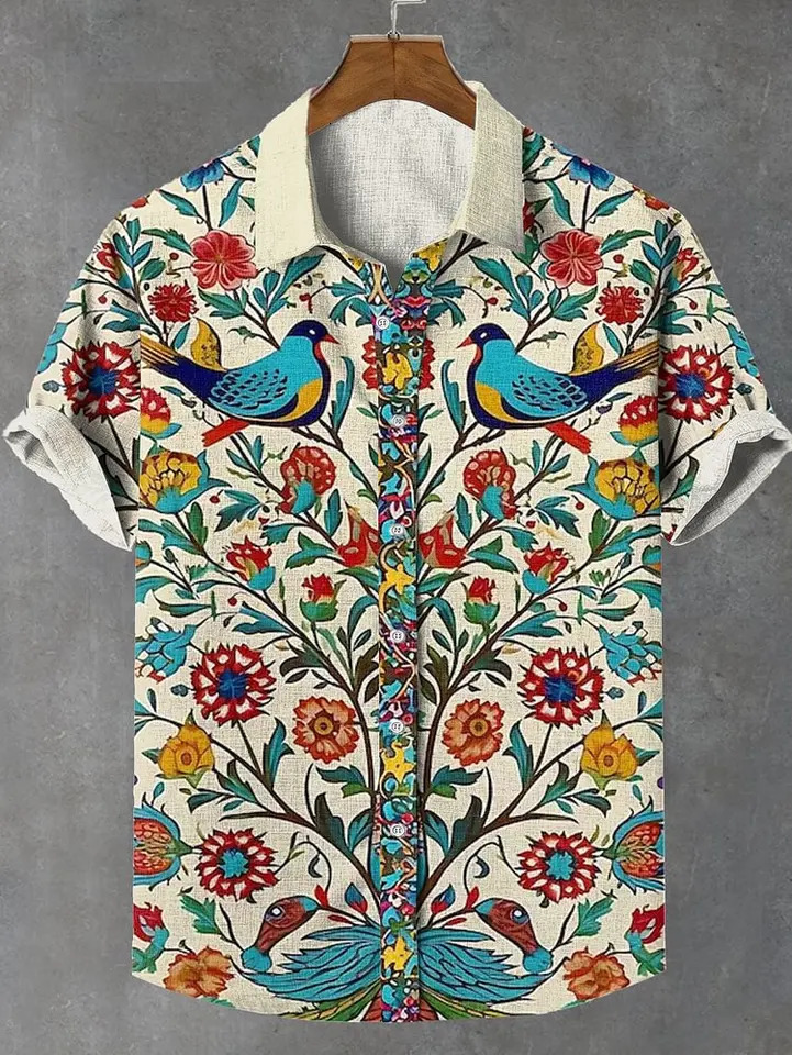 2025 linen comfortable fabric Asian style retro pattern printed mens short sleeved shirt casual wear button top 250325