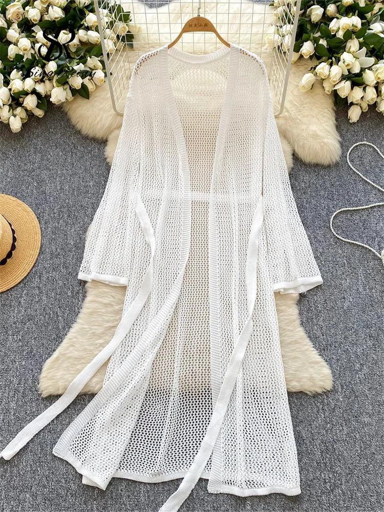 SINGREINY Women Fashion Beach Long Cardigans Summer Long Sleeves Solid Sashes 2025 Streetwear Ins Hollow Out Casual Outwear 250324