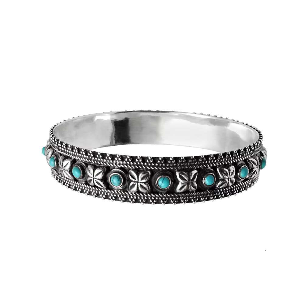 Indian Artisan Handicraft Jewelry Sterg Oxidized Sier Natural Turquoise Gemstone Ethnic Engraved Bangle Woman Girls Al