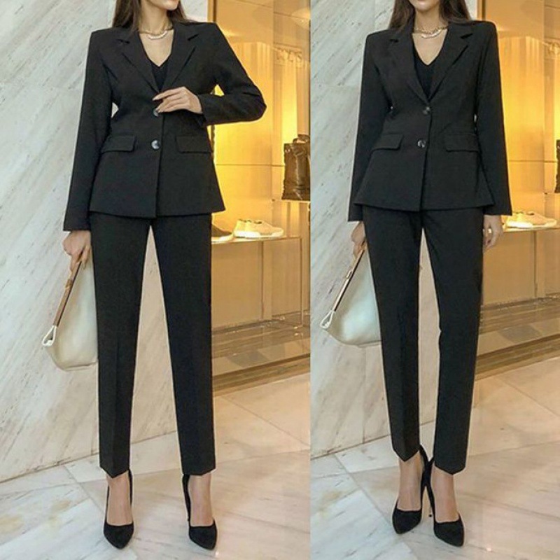 K3251Spring & Autumn Women's Black Formal Suit Jacket - Modern Korean Design Ideal for College Students