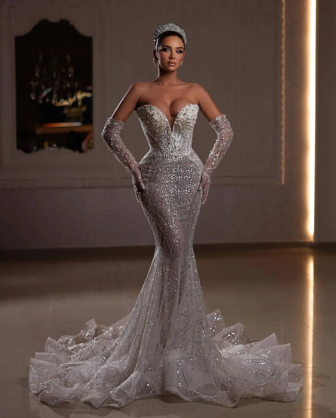 Sexy Pearls Mermaid Wedding Dress Fashion Sequined Lace Sleeveless Bridal Gown Floor Length Vestido De Novia Customized
