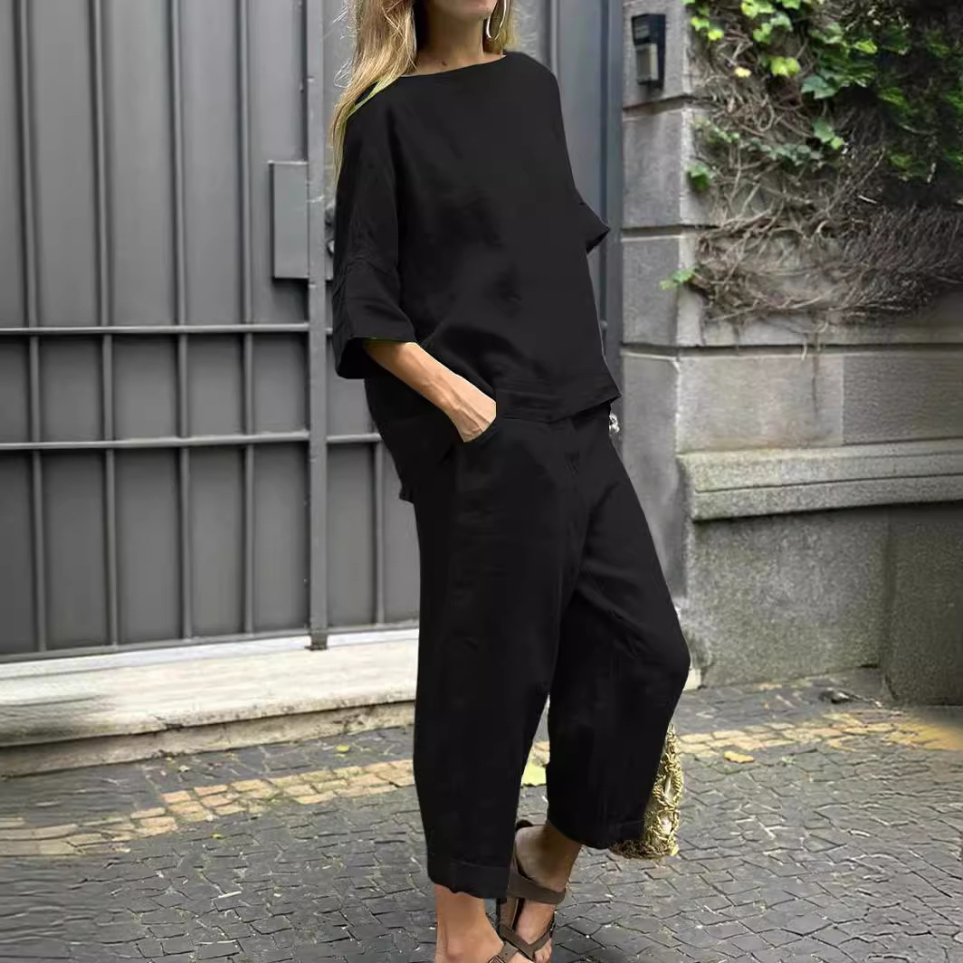 Women's 2 Piece Cotton And Linen Shirt Suit New Spring Summer Fashion Casual Loose Elegant Office Holiday Sets Female Black R250326