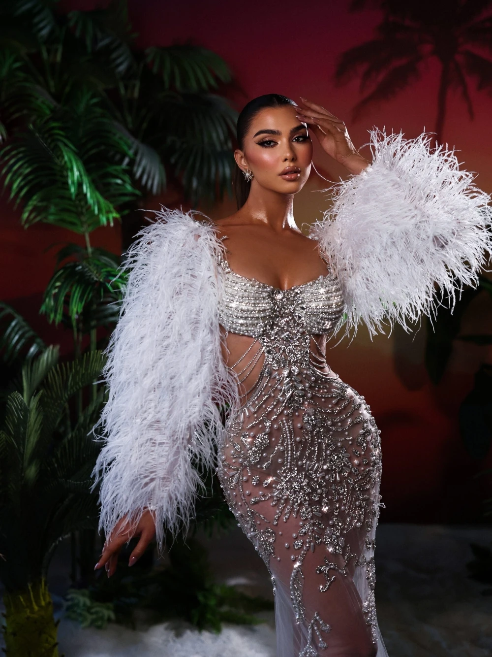 Sparkly Feather Wedding Dresses Crystal Pearls Beading Bridal Gowns See Through Mermaid Long Sleeves Customized Princess Sweep Train Bride Dress Vesti