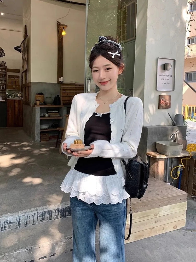 Bow Lace Patchwork Hem Shirt White Top Women Camisole Long Ruffle Sleeveless Spring Autumn Y2K Korean Kawaii Shirt Black 250321