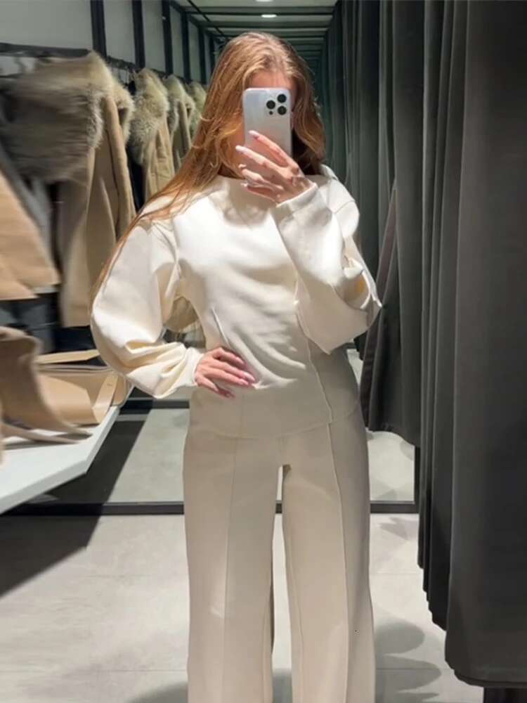 Fashion Solid Pant Set For Women Casual O Neck Long Puff Sleeve Pullover Wide Leg Trousers Suit Female Commuter 2Pcs Outfit