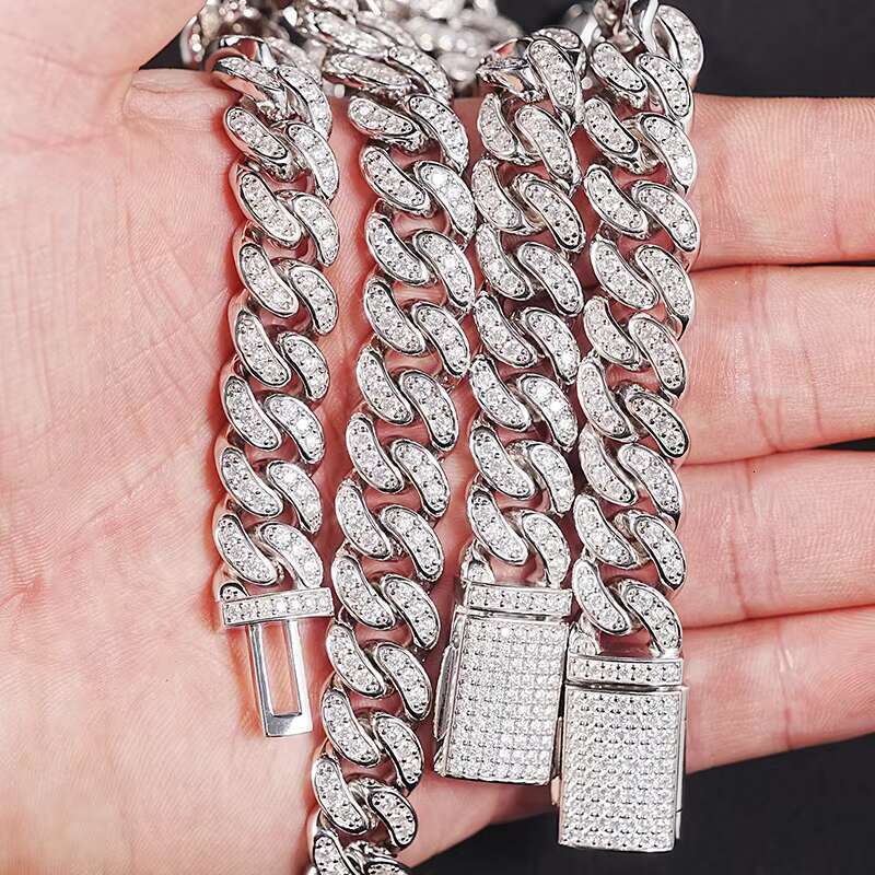SICGEM Miami Moissanite Cuban Link Chain 925 Silver Stainless Steel Iced out Necklace and Bracelet Set in Gold