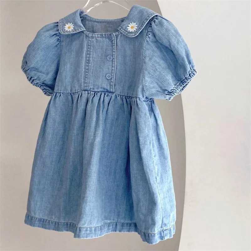 New Summer Girl Dress Campus Dress Flower Embroidered Collar Ruffle Dress Childrens Girls Bubble Short Sleeve Girls Cowboy Dress W250326
