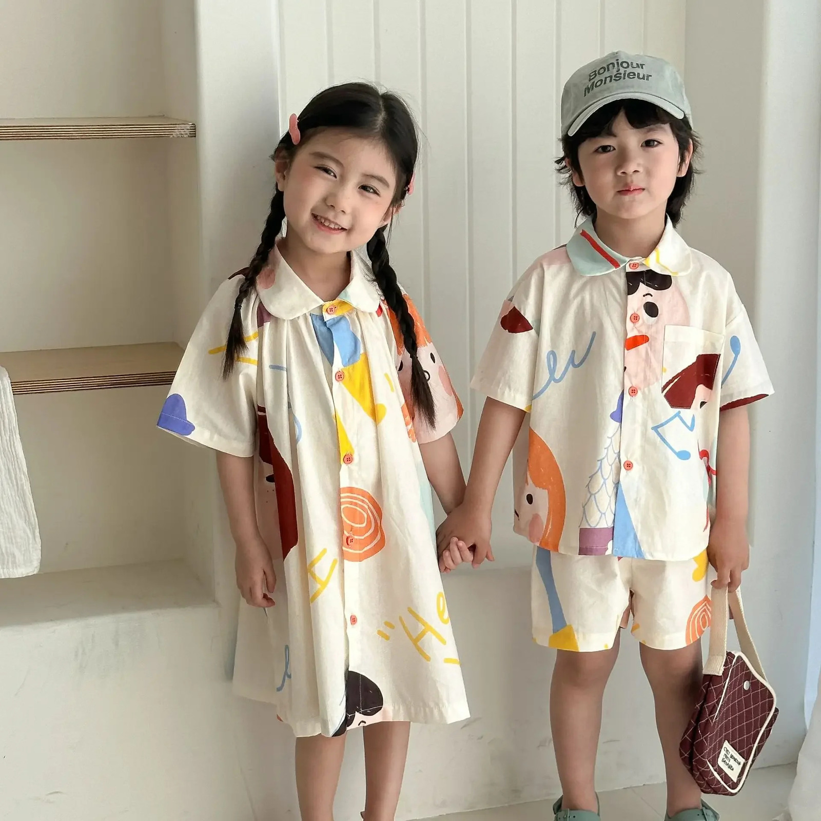 Kids Set Brother And Sister Clothes 2025 Summer Boys Two Piece Suit Or Short Sleeve Girls Graffiti Dress Cartoon Clothes 250326