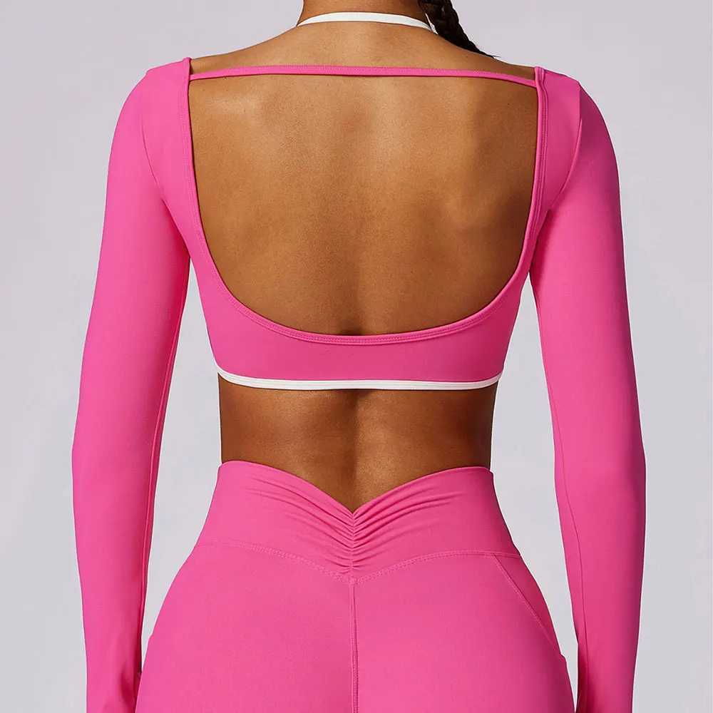 Sexy backless yoga long sleeved push up crop Top womens gym clothing Breathable yoga shirt Fitness training sports top W250326