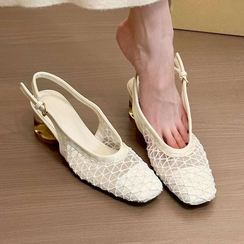2025 Summer New Mesh Eye Heel Sandals Square Toe Women's Shoes Elegant Designer Fashion High Heels Designer Slippers Ball Comfortable Trendy Shoe