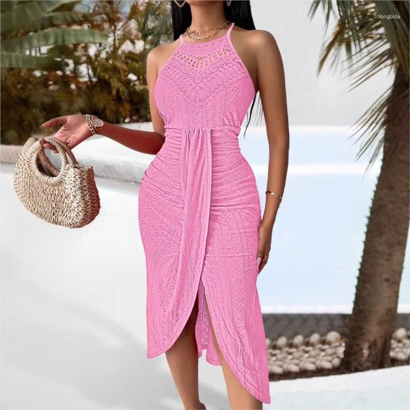 Casual Dresses 2025 Hollowed-out Slit Dress Women Fashion Hallow Sleeveless Pleated Summer Irregular Beach Vacation Solid Color
