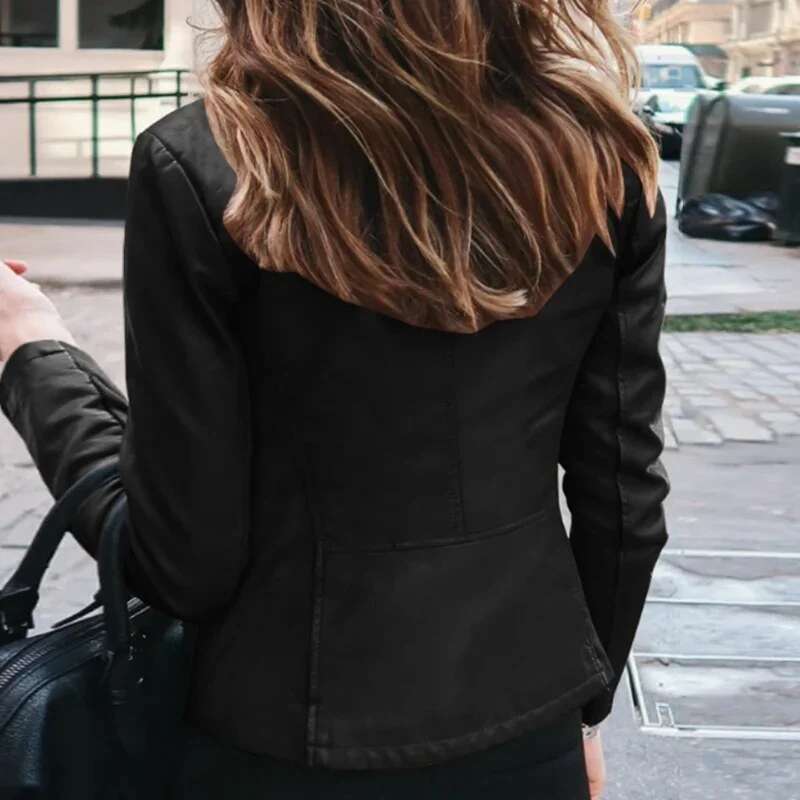 Slim Fit Faux Leather Women Classic Moto Biker PU Leater Jacket Spring Autumn Basic Zipper Coat Outerwear