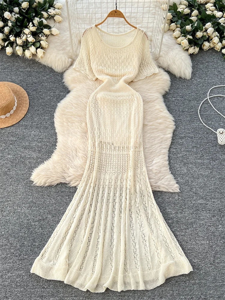 SINGREINY Vacation Style Casual Dress Suits Solid Strap Short SundressKnitting Hollow Out Long Dress Korean Women Beach Sets 250324