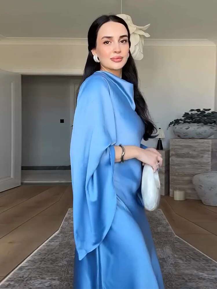 Women Dressess Elegant Stain Full Wide Sleeve Pleated Bodycon Long Dress Female 2025 Spring Summer Fashion Solid Lady Vestidos