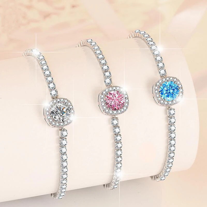 EWYA 1ct pink navy blue silica bracelet suitable for womens weddings exquisite jewelry genuine 925 sterling silver chain bracelet 250326
